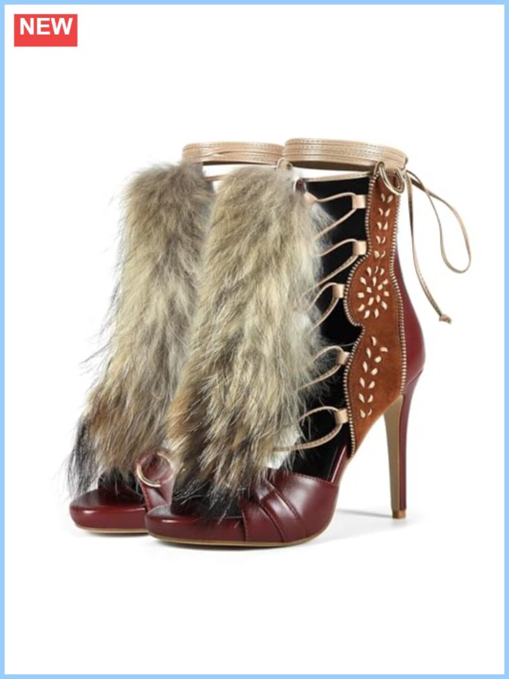 Handmade Stiletto Ankle High Heeled Sandal Suede Furry Fluffy Plush Women Shoes